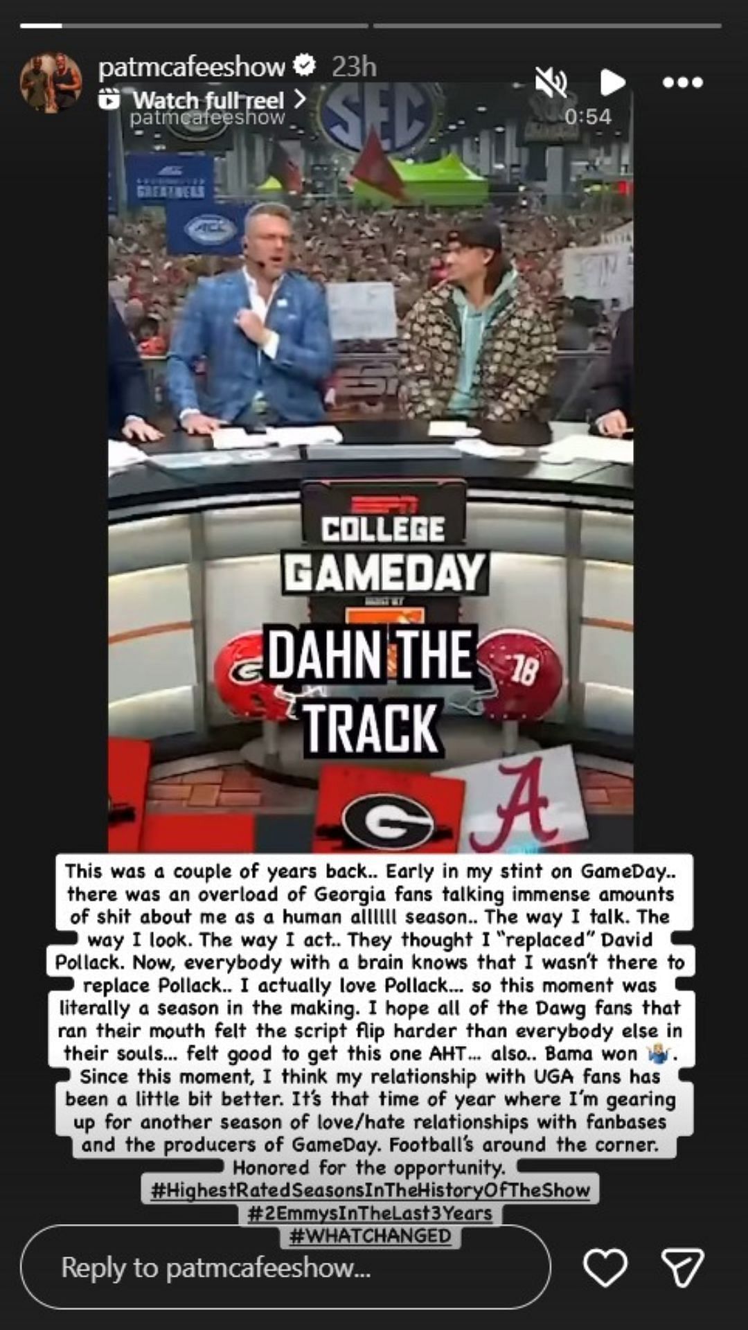 Pat McAfee's Instagram story
